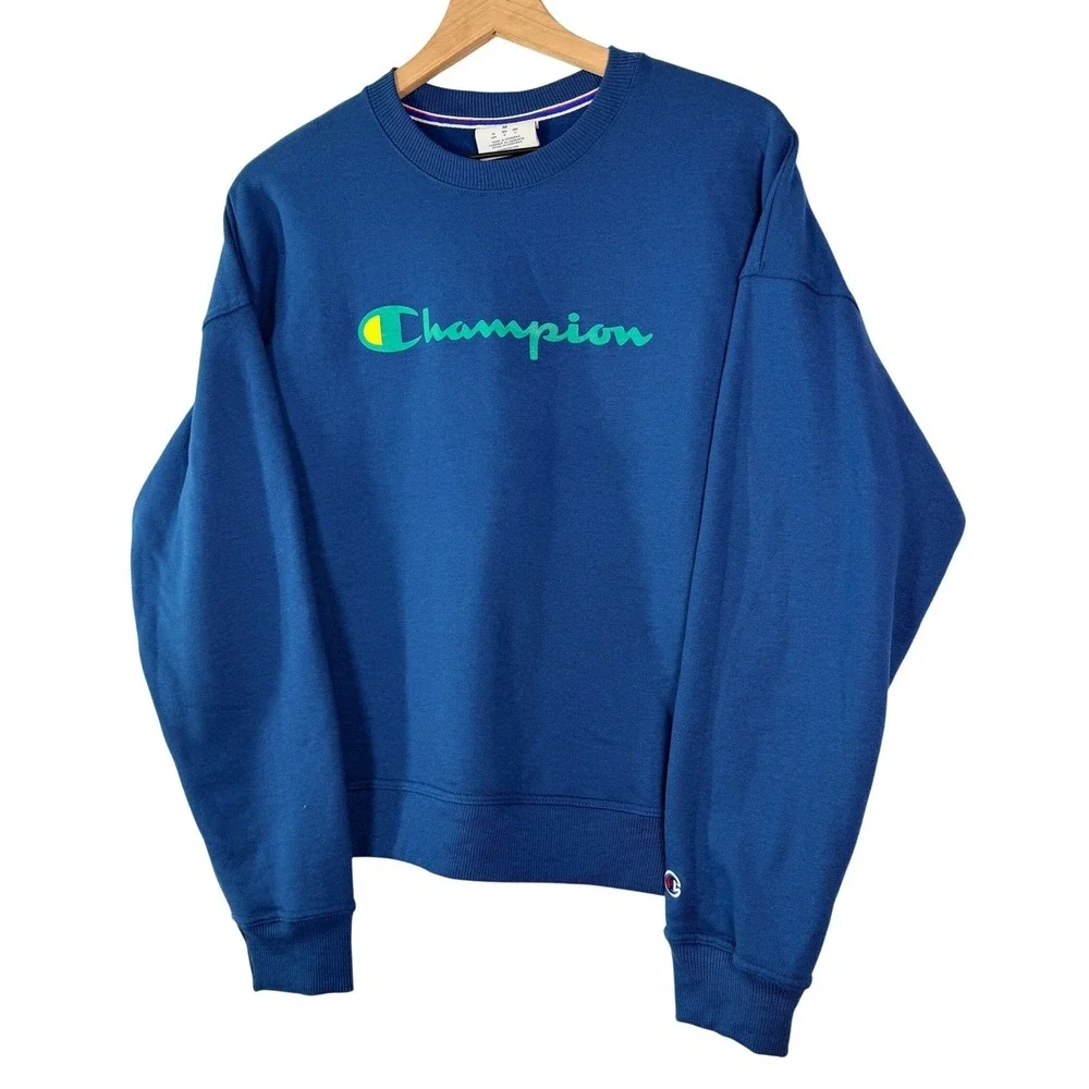 Champion Crewneck Sweatshirt Blue Green Logo Fleece‎ GF535 Mens Medium